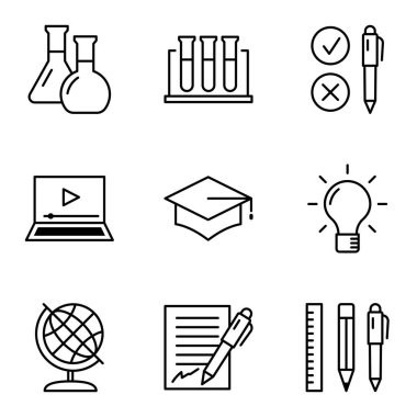 Eğitimle ilgili çizgi simgeleri ayarlandı. Piktogram beyaz arka planda izole edildi. Vektör illüstrasyonu.