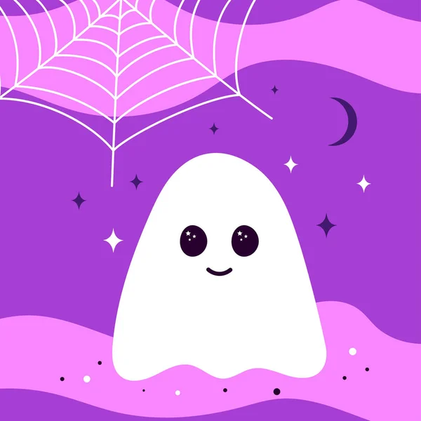 Szczęśliwy Halloween Kartka Życzeniami Kreskówek Cute Duch Pająk Web Gwiazdy — Wektor stockowy