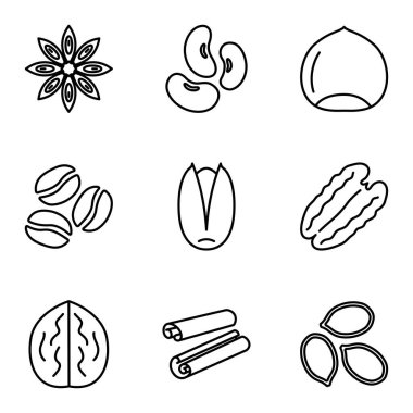 Fındık, tohum ve fasulye elementleri simgesi seti. Piktogram beyaz arka planda izole edildi. Vektör illüstrasyonu.