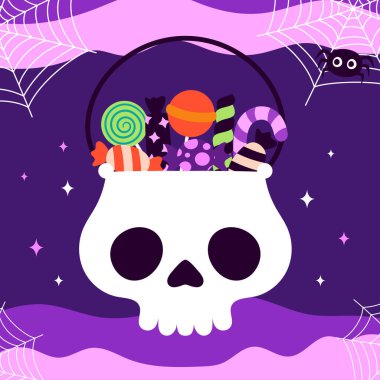 Cadılar bayramı kafatası şekerli, çizgi film şekerleri kafatası sepeti, lolipoplar, jöle şekerleri ve şeker kamışı vektör çizimleri, kafatası şakası ya da şeker torbası