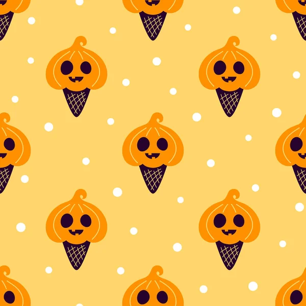 Halloween Ice Cream Seamless Pattern Pumpkin Ornamate Ice Cream Waffle — 스톡 벡터