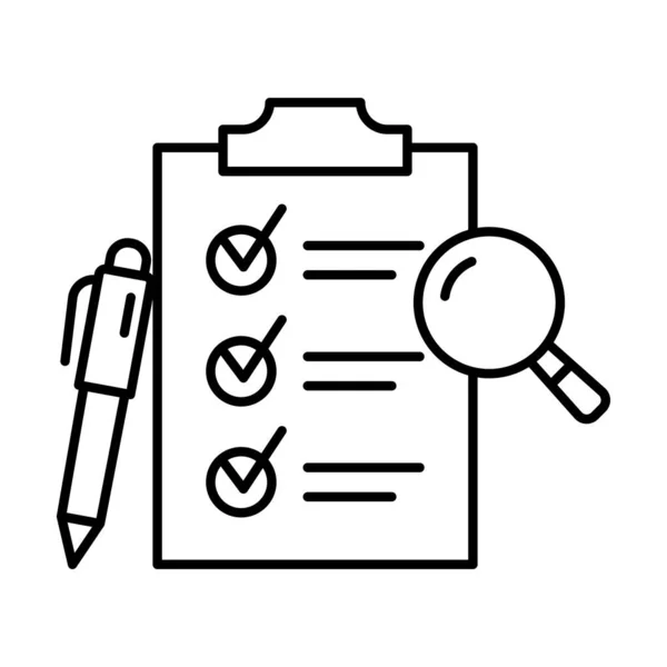 Zwischenablage Mit Checkliste Stift Und Lupe Umfrage Qualitätskontrolle Umfrage Aufgabenmanagement — Stockvektor