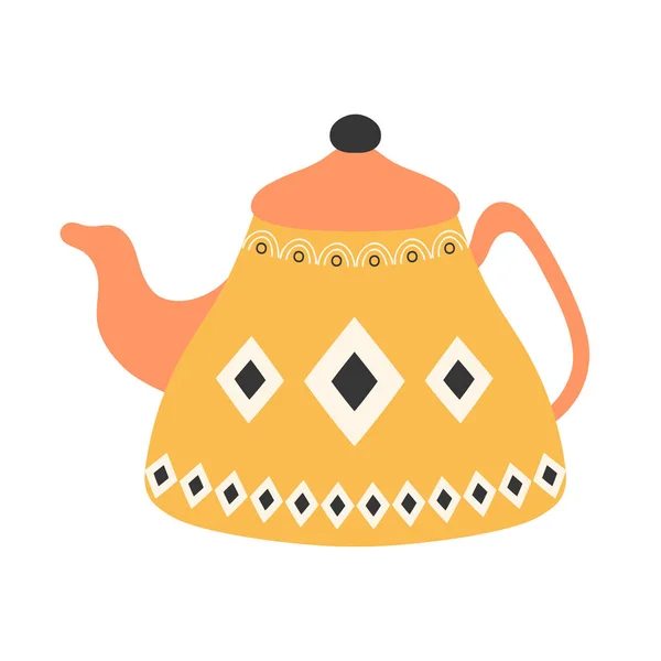 带有白色背景的装饰品的可爱的锯齿状陶瓷茶壶 平面卡通风格的矢量插图 — 图库矢量图片