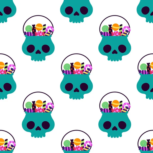 Lindo Patrón Halloween Cráneo Cesta Con Caramelos Ilustración Vectorial Aislado — Vector de stock