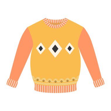 Çizgi film tarzında parlak sarı süveter, İskandinav tarzında çizgi film vektör çizimi, kalın kış kıyafetleri, hygge koleksiyonu