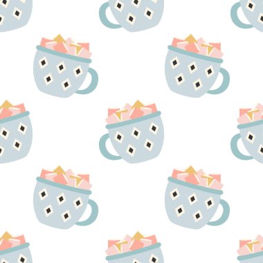 Beyaz arka planda lokum bulunan kusursuz mavi bardaklar, higge sonbahar ya da kış havası, İskandinav tarzı