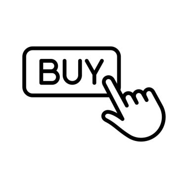 Satın alma simgesine tıklayın. El ile satın alma düğmesine bas. Piktogram beyaz arka planda izole edildi. Vektör illüstrasyonu.