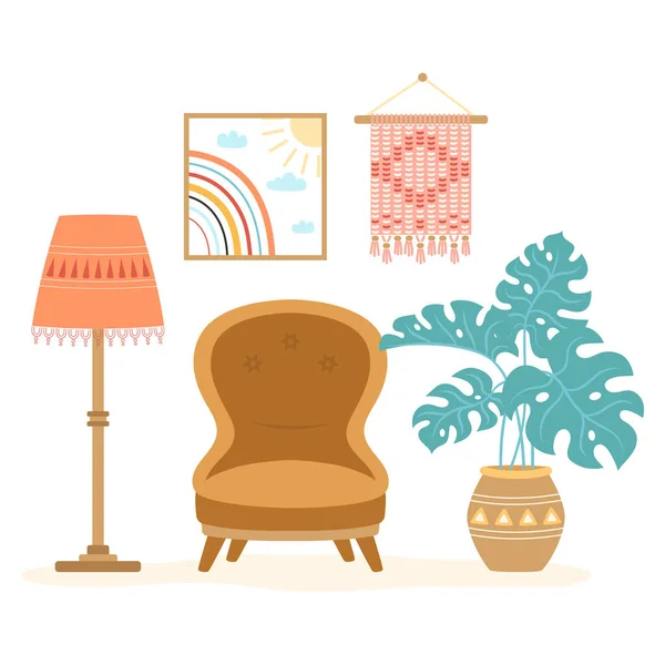 Wystrój Wnętrz Przytulny Salon Brązowym Fotelem Roślina Domowa Obraz Ściana — Wektor stockowy