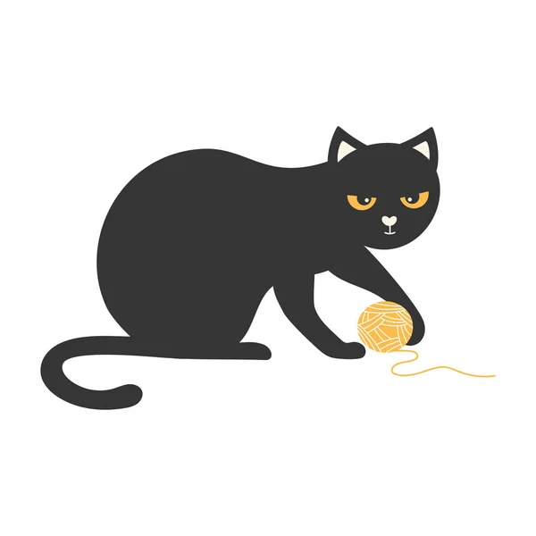 Dibujos Animados Gato Negro Jugando Con Bola Amarilla Hilo Aislado — Vector de stock