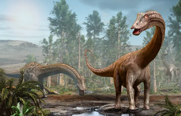 Jurassic döneminden Diplodocus dinozor sahnesi 3 boyutlu illüstrasyon