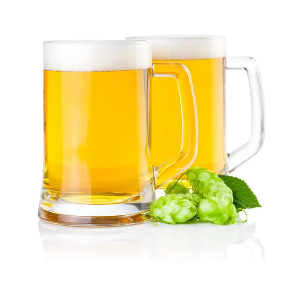 Zwei Gläser frisches Bier mit grünem Hopfen isoliert auf einem weißen Ba — Stockfoto