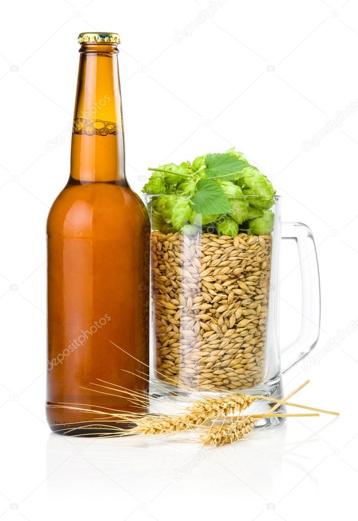 Brown bottle of beer, Mug full of barley and hops, Wheat ears is