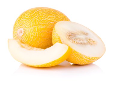 bir bütün taze honeydew kavun, yarım ve bir dilim izole bir w
