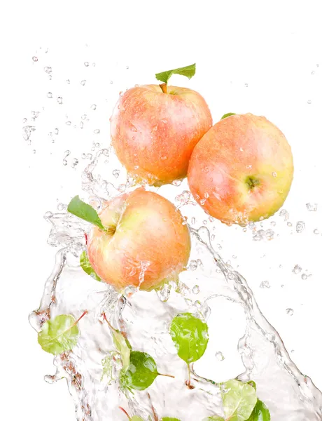 Three juicy red apple in water splash isolated on a white backgr — Stock Photo, Image