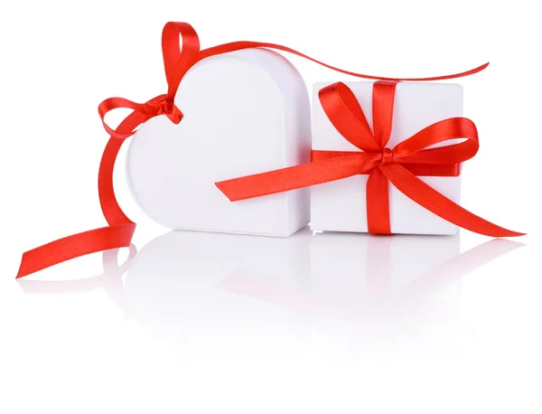 Valentines Day gift in white box and heart red ribbon isolated o — Stock Photo, Image