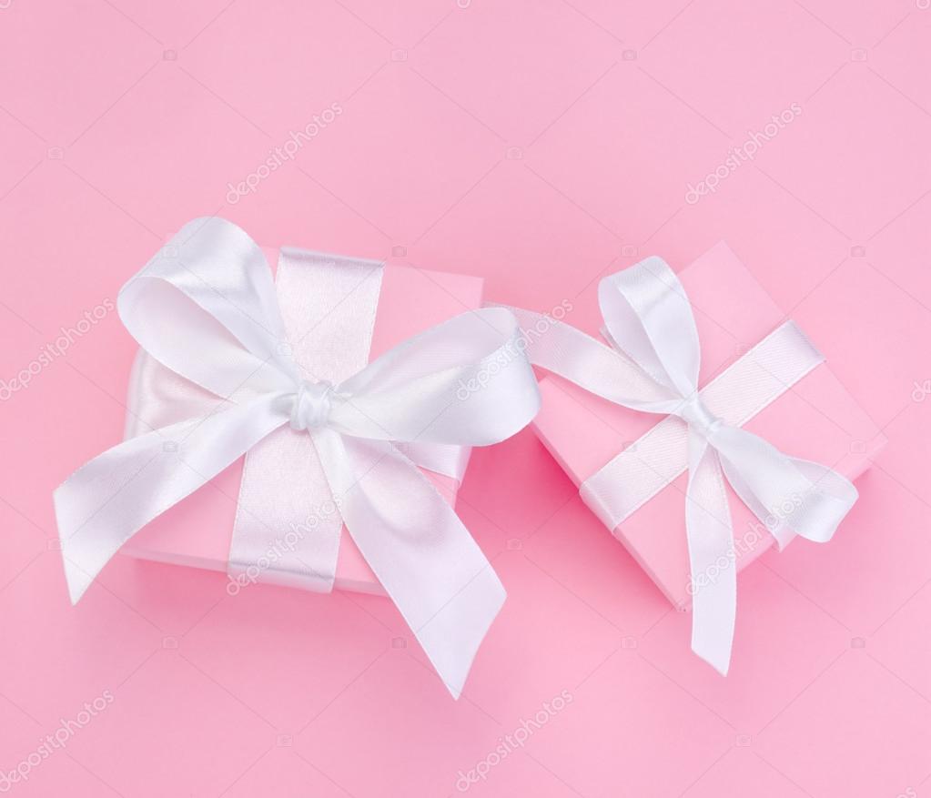 Two Pink Valentines Day gift box tied white satin ribbon bow