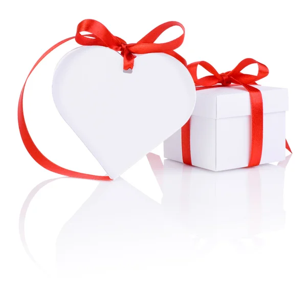 Valentines Day gift in white box and heart red ribbon isolated o — Stock Photo, Image