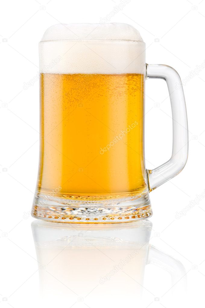 Mug fresh beer with cap of foam isolated on white background