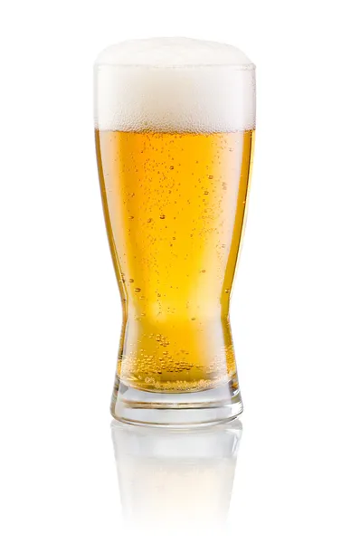 Glas färskt öl med mössa av skum isolerad på vita bak Stockfoto