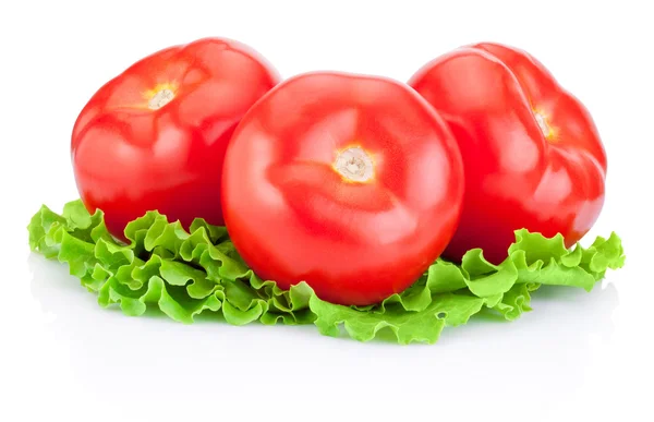 Drie sappige tomaten met groene bladeren Sla geïsoleerd op wit — Stockfoto