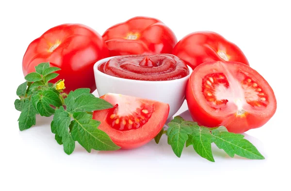 Schüssel mit Tomatensauce und saftigen roten Tomaten mit Blättern isolat — Stockfoto