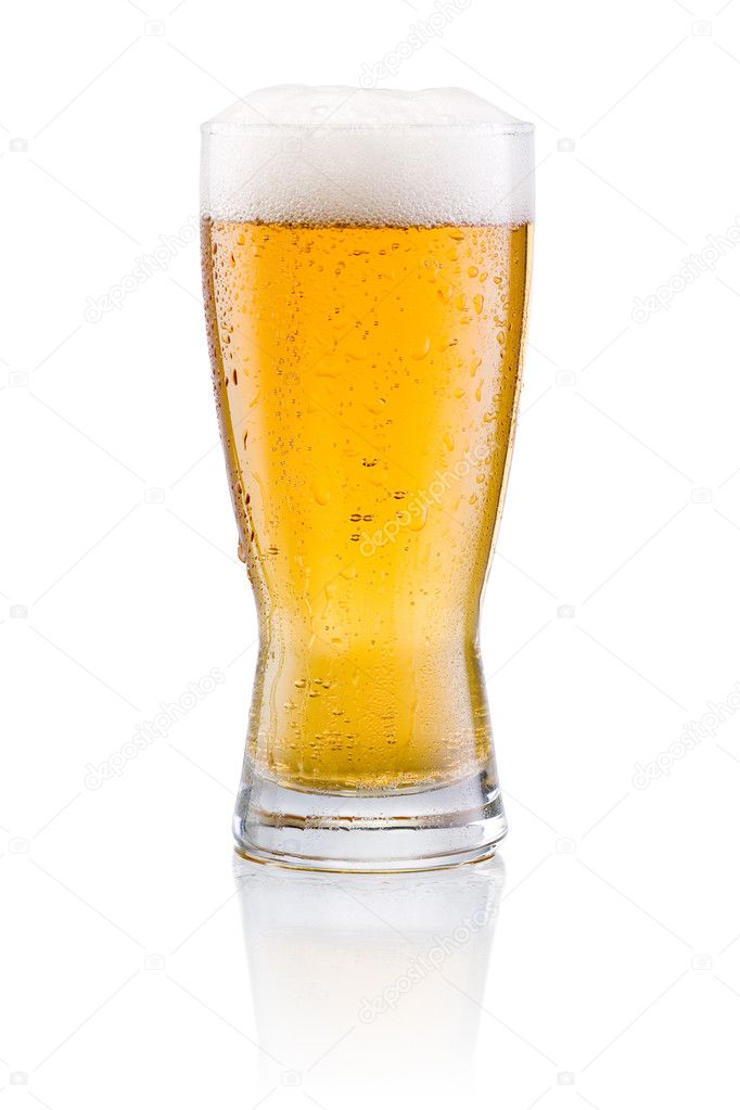 Beer glass with condensation on a white background