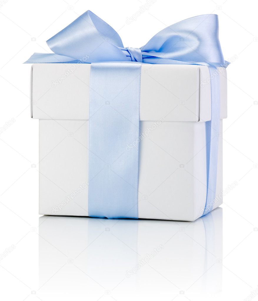 White gift box tied blue ribbon Isolated on white background Stock Photo