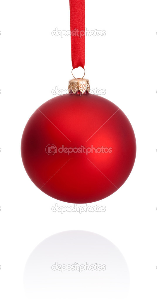 Red Christmas ball hanging on ribbon Isolated on white backgroun
