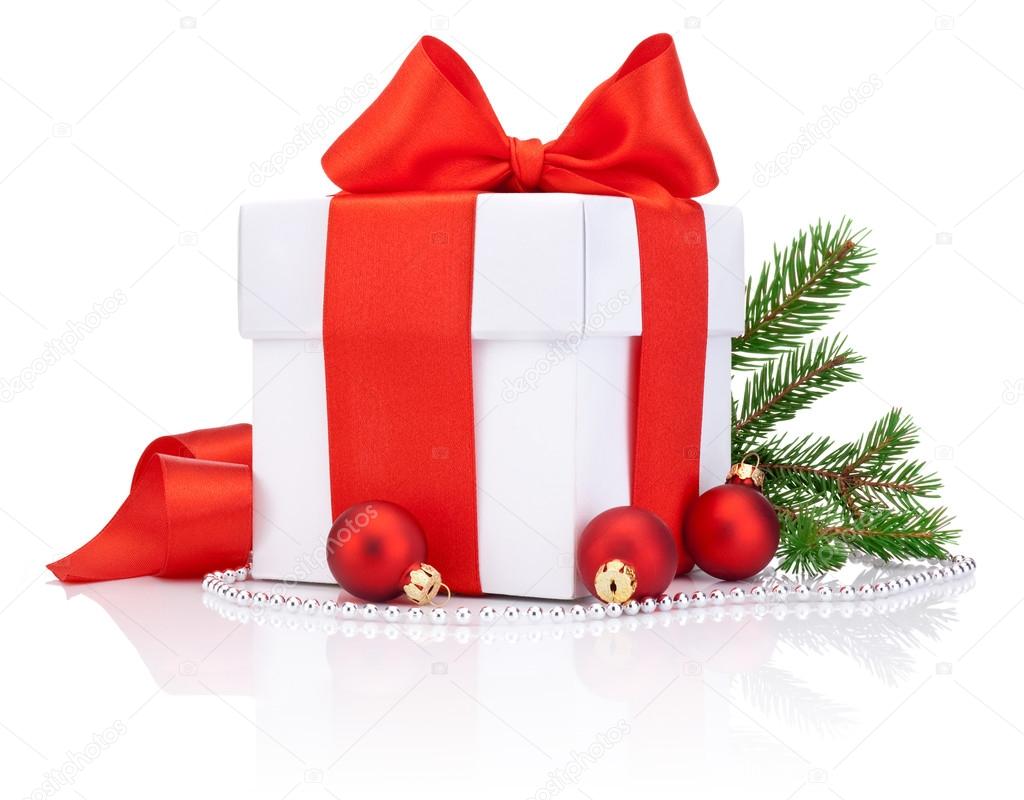 White gift box tied Red satin ribbon bow, three Christmas ball a