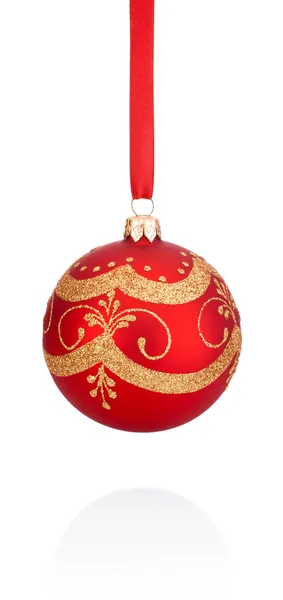 Red decorations Christmas ball hanging on ribbon Isolated on whi — Stock Photo, Image