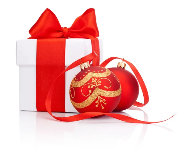 White gift box tied with Red ribbon and two decorations Christma — Stock Photo, Image