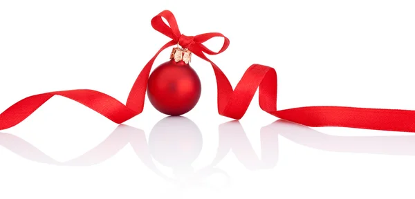 One Red Christmas ball with ribbon bow Isolated on white backgro — Stock Photo, Image