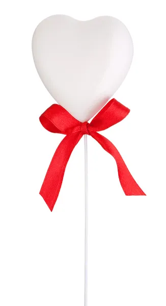 White heart and red ribbon with a bow Isolated on white backgrou — Stock Photo, Image