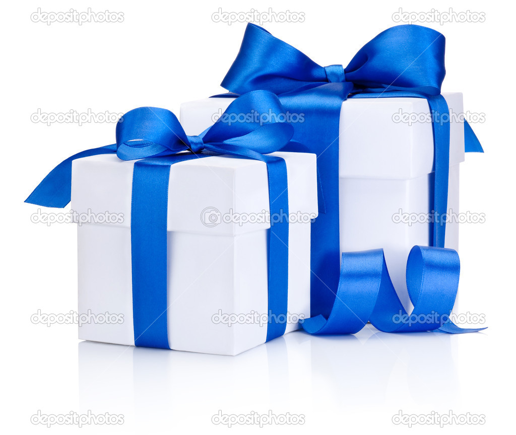 Two White boxs tied Blue satin ribbon bow Isolated on white back
