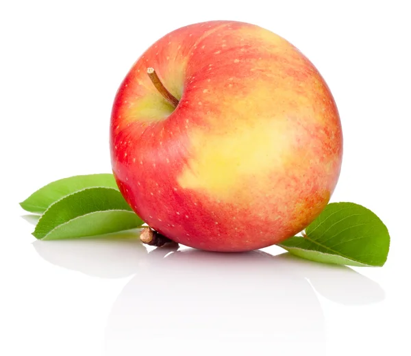 Czerwone jabłko i zielonych liści na białym tle na białym tle — Zdjęcie stockowe