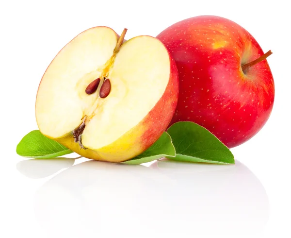 Red apples and half with green leaves isolated on a white backgr — Stock Photo, Image