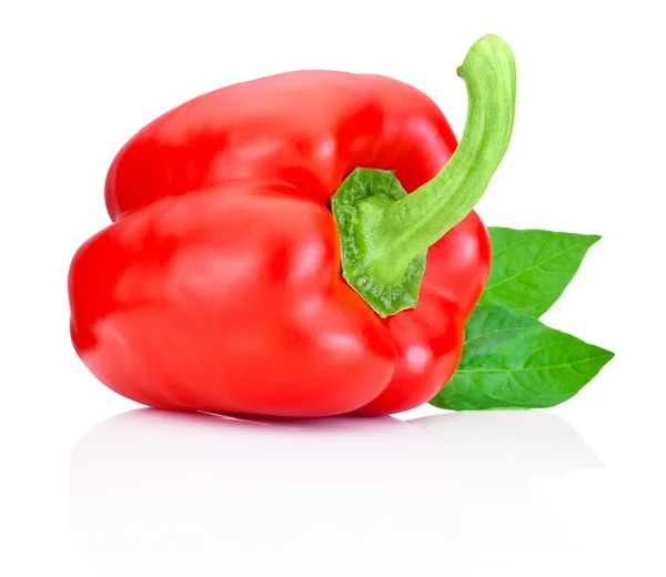 Sweet Red Pepper with green leaves isolated on white background — Stock Photo, Image