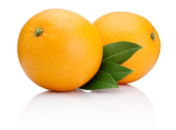 Two Ripe Oranges fruit with green leaves isolated on white backg — Stock Photo, Image