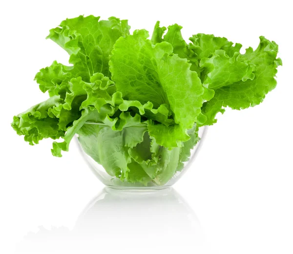 Свежие листья зеленый салат в прозрачной миске изолированы на белом — стоковое фото