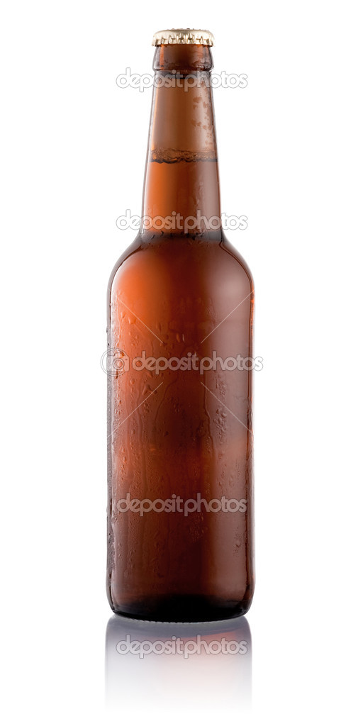 Beer bottle with condensation water drops isolated on white back