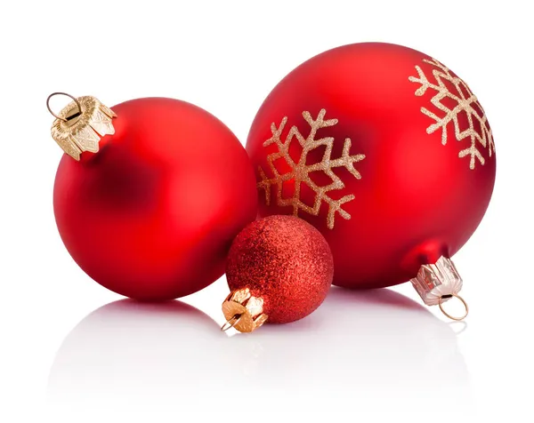 Three Christmas Red Baubles Isolated White Background — Zdjęcie stockowe