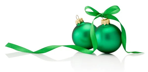 Two Christmas Green Baubles Ribbon Bow Isolated White Background — Stock Photo, Image