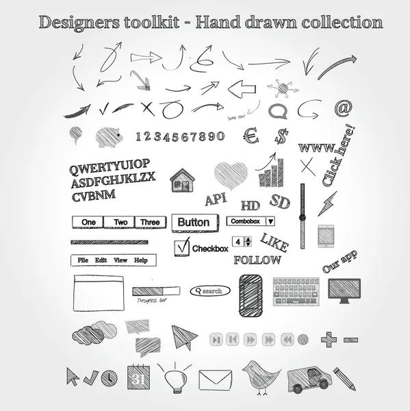 Kit de herramientas de diseñadores - Colección dibujada a mano — Vector de stock