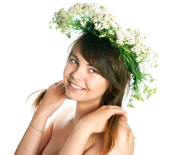 The girl with yarrow wreath on the head — Stock Photo, Image