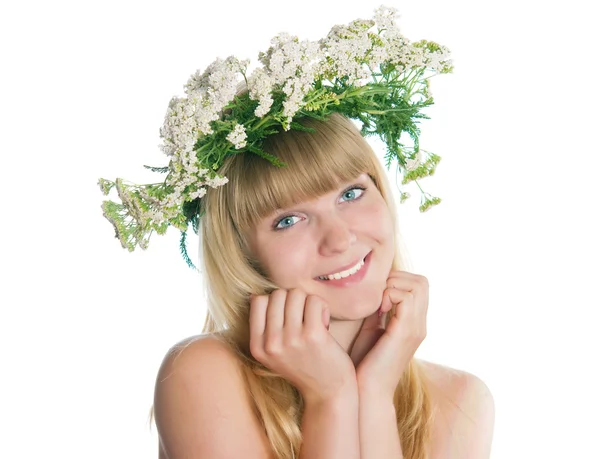 The girl with yarrow wreath — Stock Photo, Image