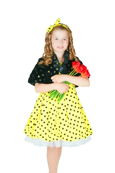 Girl with a bouquet of tulips — Stock Photo, Image