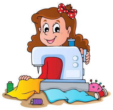 Cartoon girl with sewing machine clipart