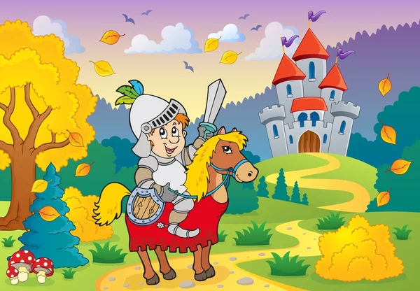 Рыцарь на лошади возле замка — стоковый вектор