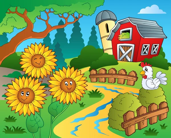 Tema granja con girasoles — Vector de stock