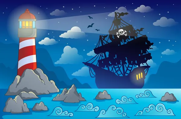 Silueta de barco pirata cerca de la costa 1 — Vector de stock